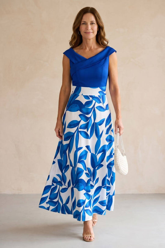 Elegant Leaf Print V-Neck Maxi Dress