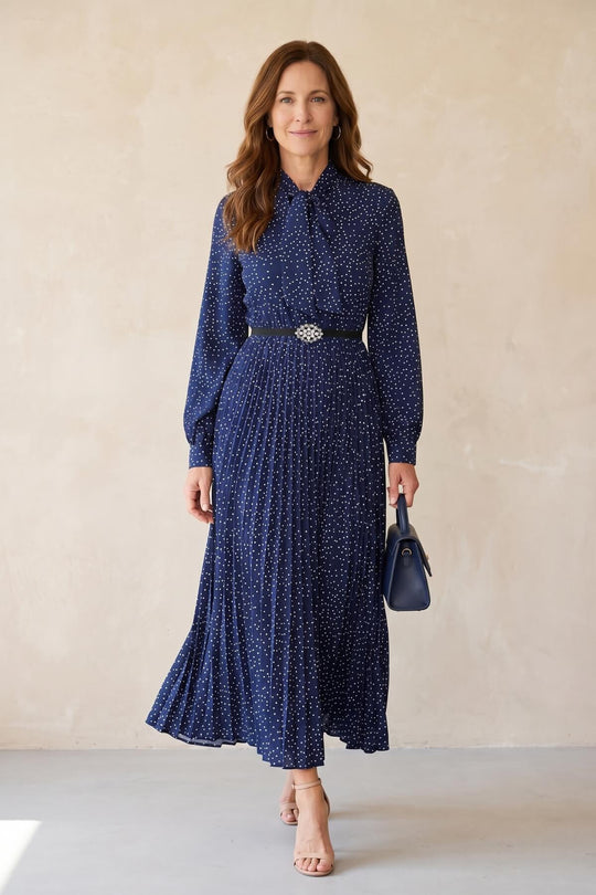 Elegant Tie Neck Pleated Maxi Dress