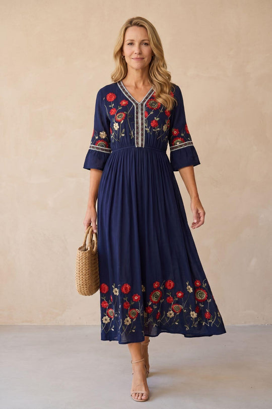 Embroidered Floral Hem Gathered Maxi Dress