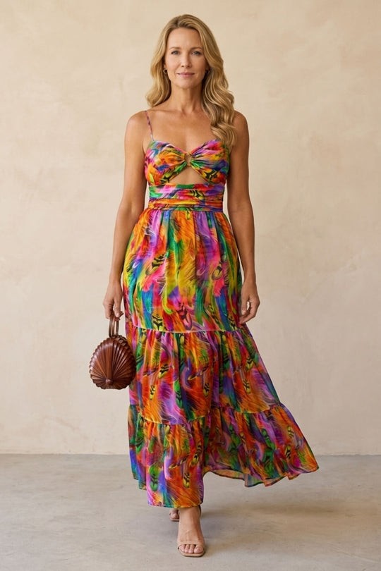 Feather Print Cut-Out Tiered Maxi Dress - Plus Size