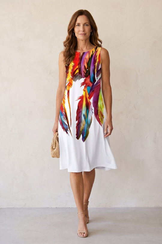 Feather Print Sleeveless V-Neck Boho Dress
