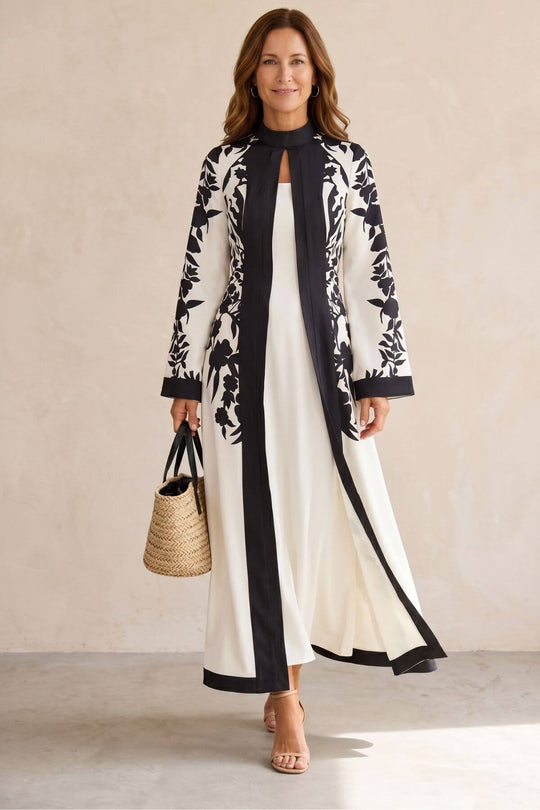 Flared Sleeve Long Floral Panel Evening Maxi Dress