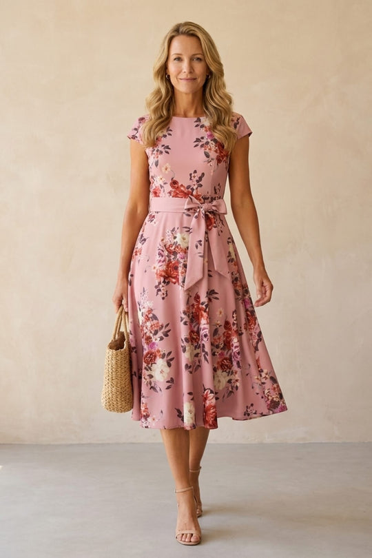 Floral Belted A-Line Midi Dress