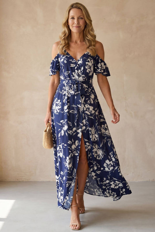Floral Cold Shoulder Slit Maxi Dress