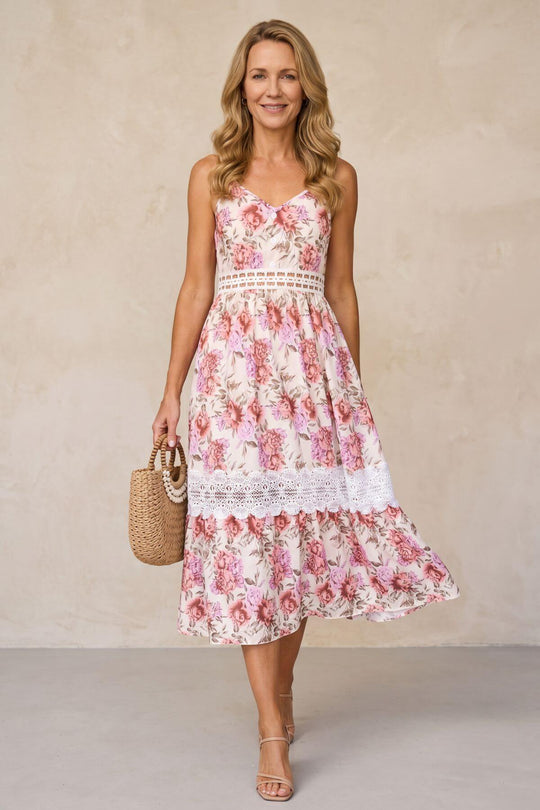 Floral Crochet Lace Trim Midi Dress