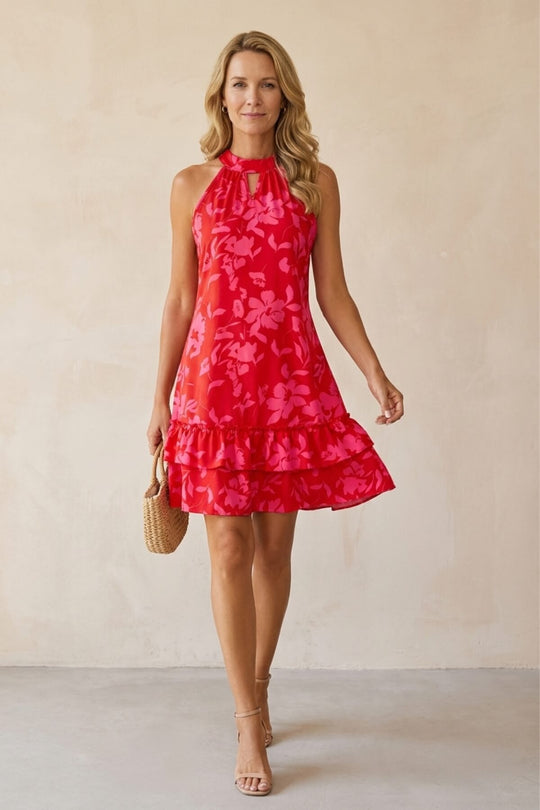 Floral Halter Neck Ruffle Mini Dress