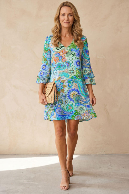 Floral Paisley 3/4 Sleeve Flowy Boho Dress