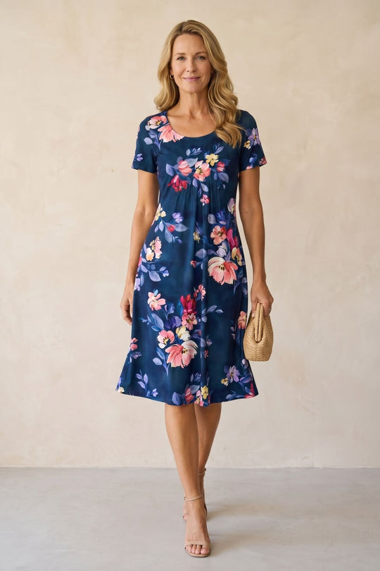 Floral Print Short Sleeve A-Line Midi Dress - Plus Size