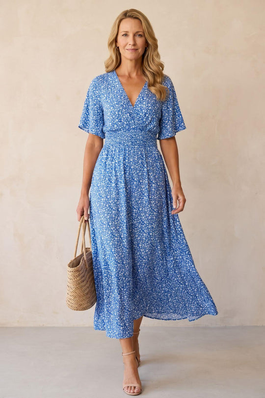 Floral Smocked Waist Side Slit Maxi Dress