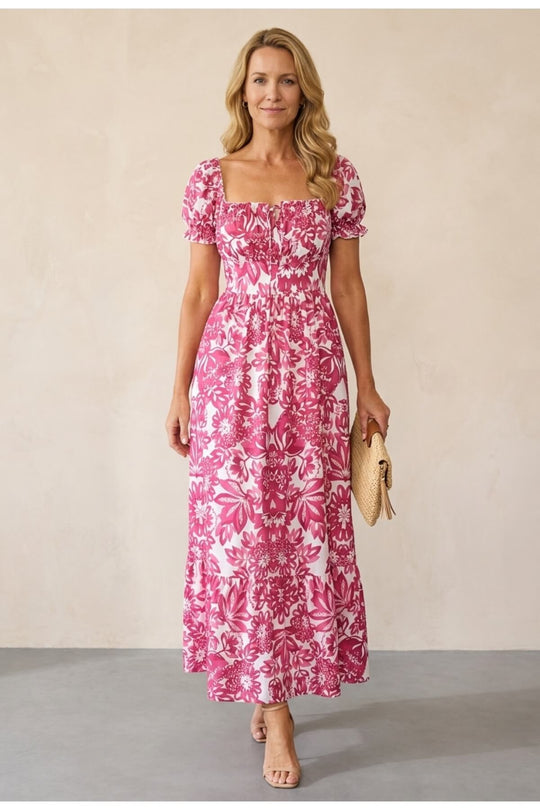 Floral Square Neck Puff Sleeve Maxi Dress