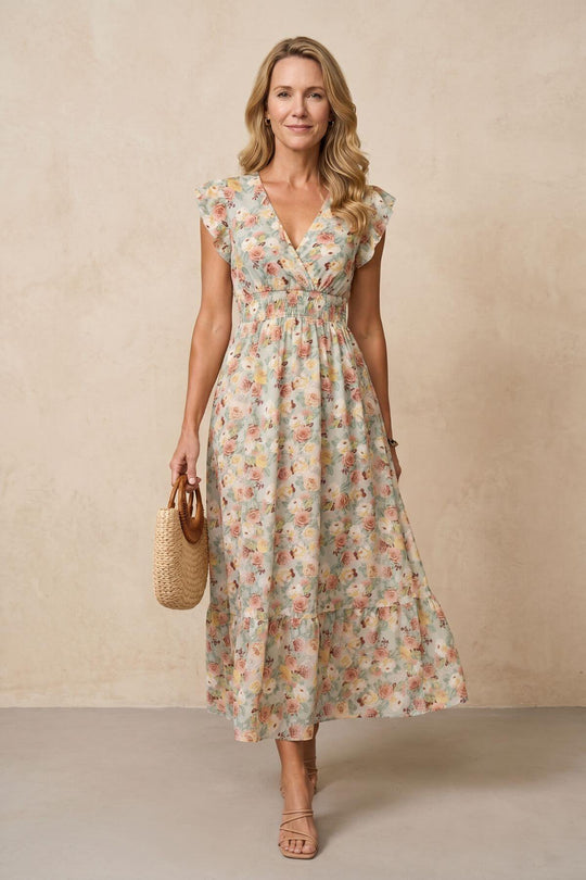 Floral Surplice V-Neck Smocked Maxi Dress