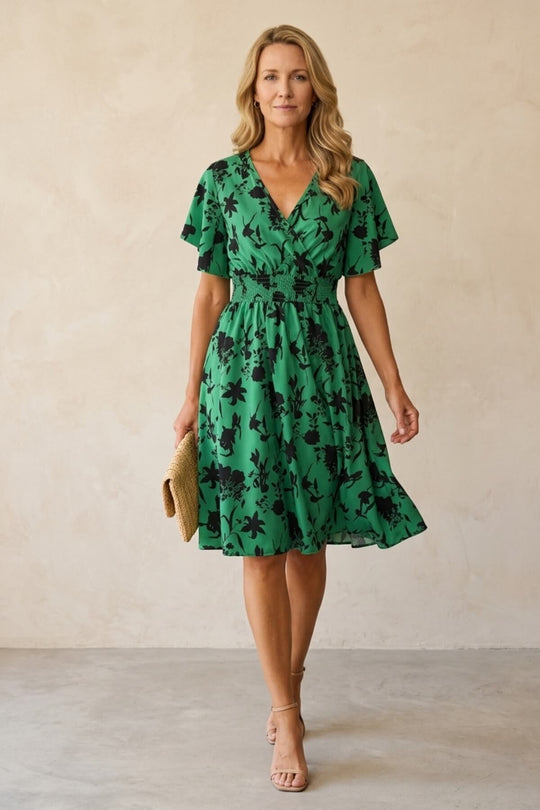 Floral V-Neck Flutter Sleeve Smocked Bohemian Dress