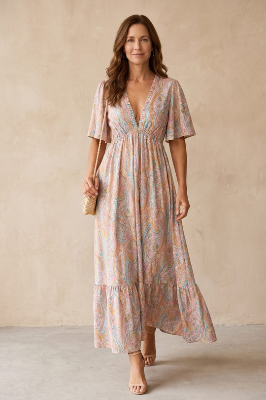 Flowy Deep V Empire Waist Summer Maxi Dress