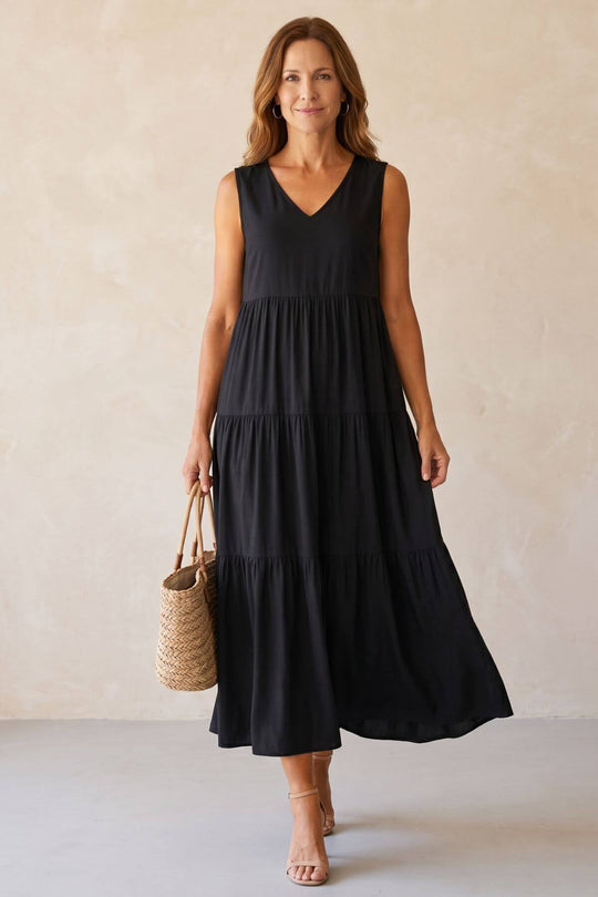 Flowy Tiered V-Neck Sleeveless Maxi Dress