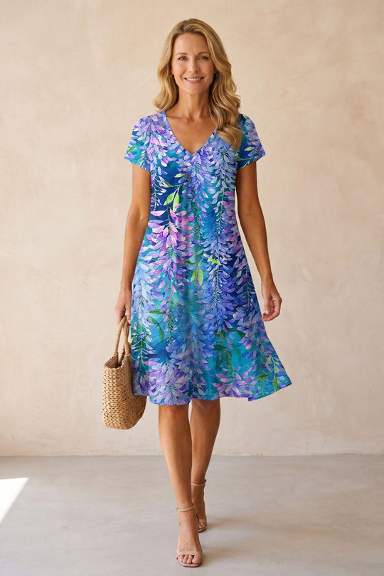 Flowy V-Neck Cascading Floral Shift Dress