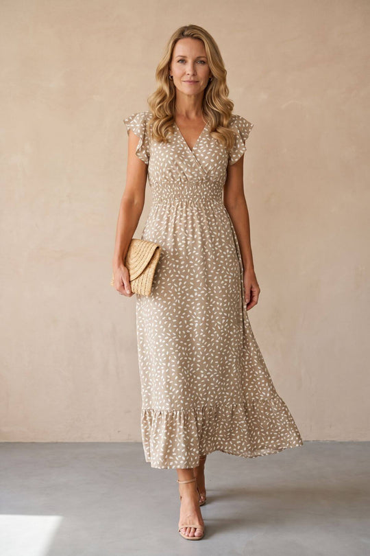 Flutter Sleeve Smocked Waist Speckled Maxi Dress
