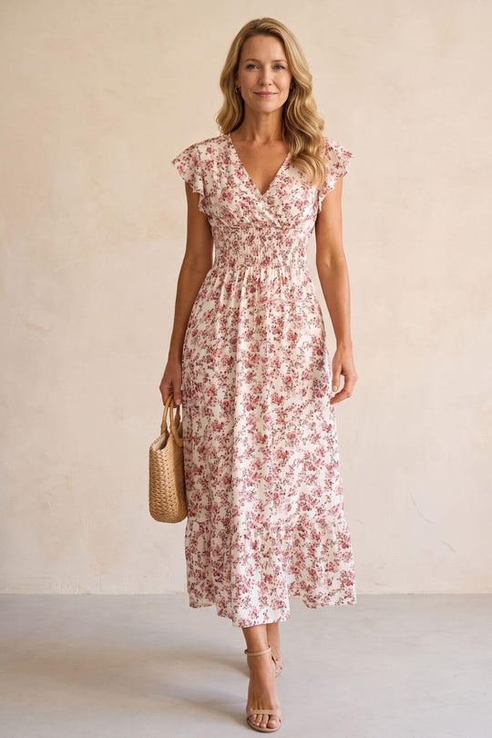 Flutter Sleeve Smocked Waist V-Neck Maxi Dress