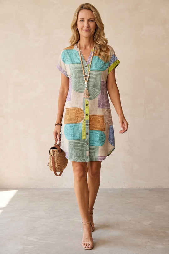 Geometric Print V-Neck Button Down Dress