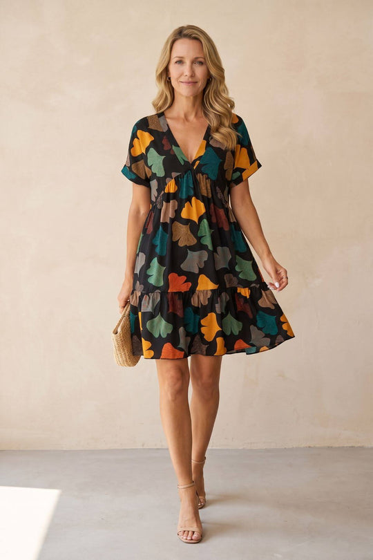 Ginkgo Leaf Print V-Neck Boho Dress
