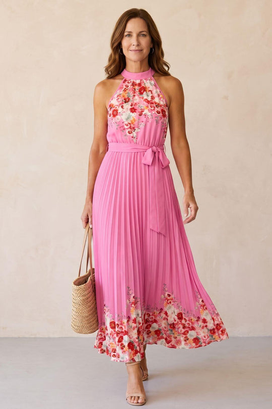 Halter Neck Floral Pleated Boho Dress