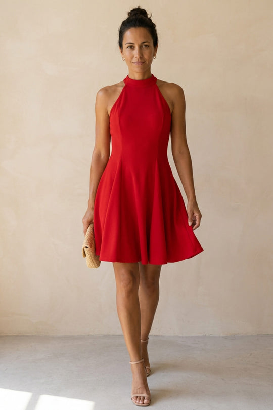 Collared Off-Shoulde Halter V-Neck Fit and Flare Dress