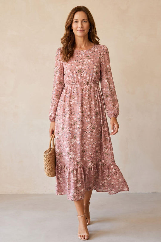 Long Sleeve Floral Print Maxi Dress with Ruffle Hem