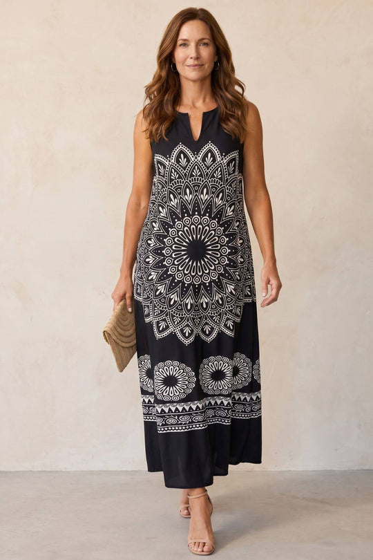 Mandala Print Sleeveless V-Neck Maxi Dress