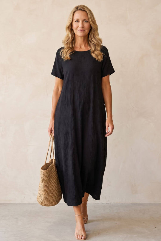 Minimalist Short Sleeve Linen Pocket Dress