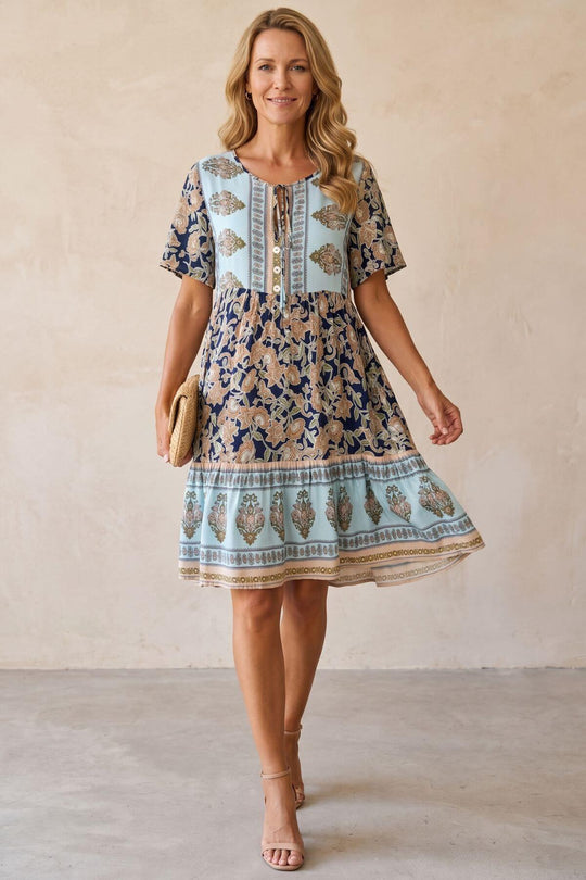 Mixed Print Short Sleeve Bohemian Summer Dress