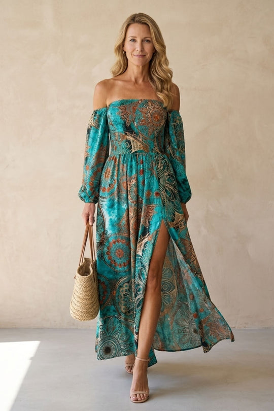 Off-Shoulder Long Sleeve Slit Maxi Bohemian Dress