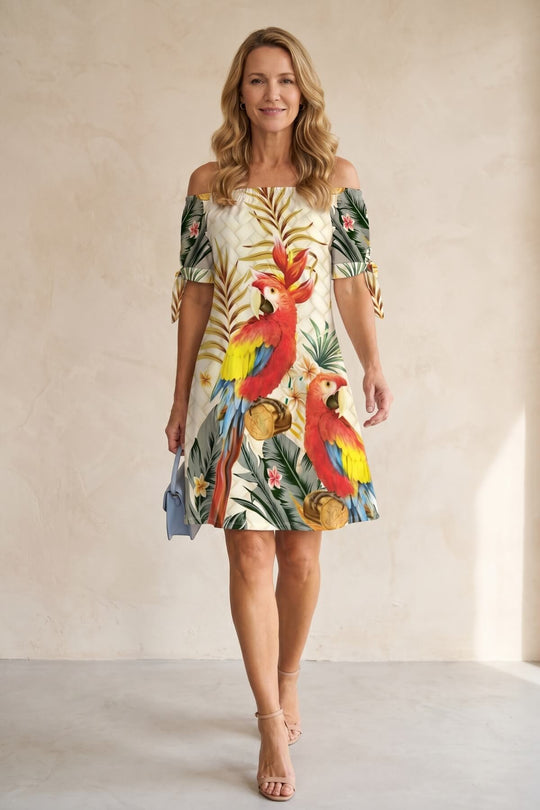 Off-Shoulder Tropical Parrot Shift Mini Dress