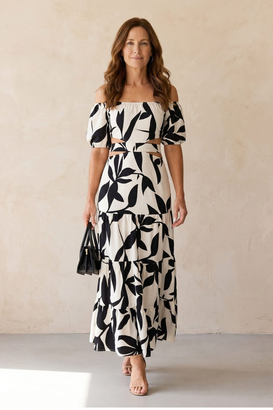 Off-the-Shoulder Cutout Tiered Maxi Dress