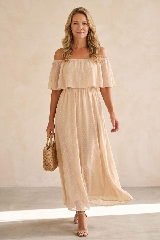 Off The Shoulder Ruffle Swiss Dot Maxi Dress