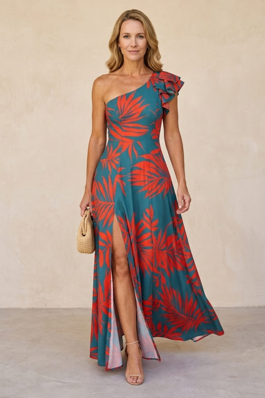 One-Shoulder Palm Print Ruffle Maxi Dress