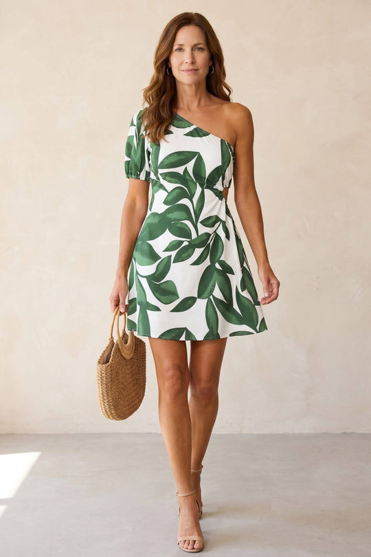 One Shoulder Tropical Print Mini Dress