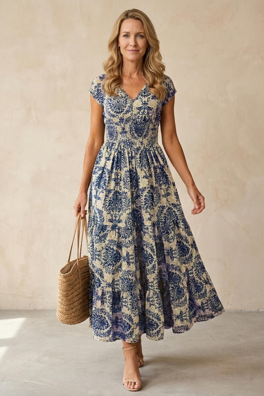 Ornate Print Tiered Smocked Boho Summer Dress
