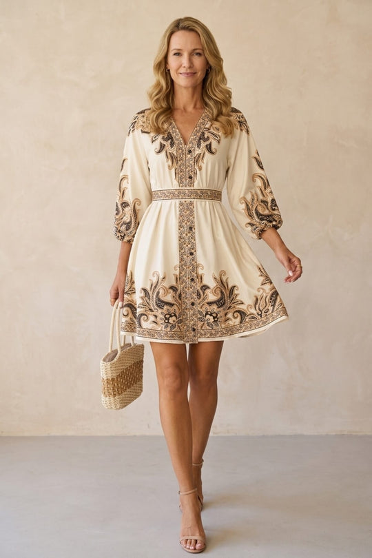 Ornate Print V-Neck Button Down Bohemian Dress