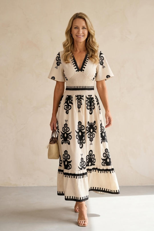 Plunging V-Neck Shirred Waist Tiered Summer Dress