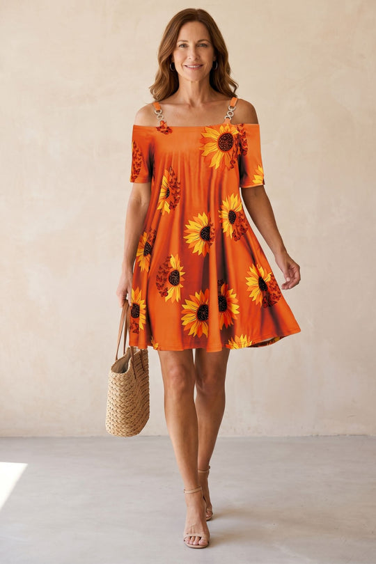 Plus Size Chain Strap Sunflower Print Boho Summer Dress
