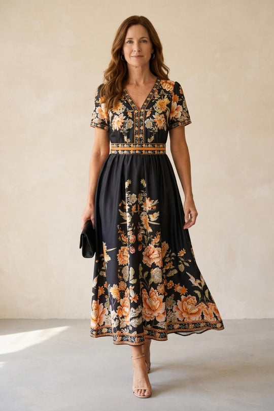 Plus Size Floral V-Neck Short Sleeve Bohemian Dress