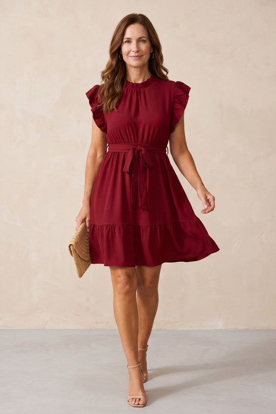 Plus Size Solid Ruffle Hem Belted Dress
