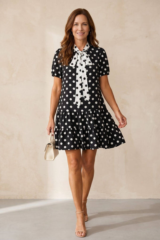 Plus Size Tie Neck Polka Dot Tiered Bohemian Dress
