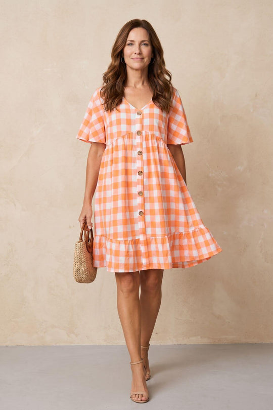 Plus Size V-Neck Gingham Button Front Boho Dress