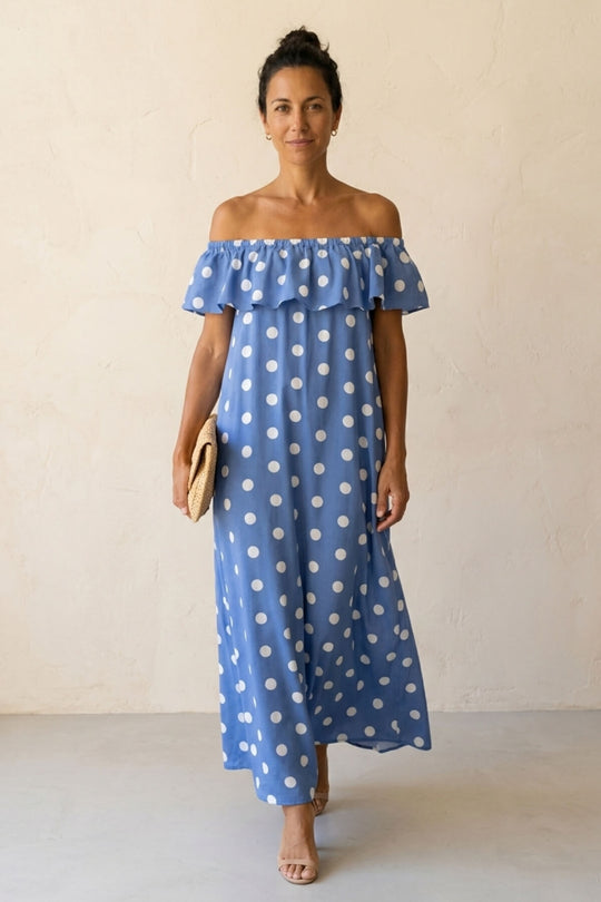 Polka Dot Ruffle Off-The-Shoulder Maxi Dress - Plus Size