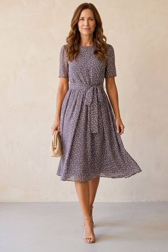 Polka Dot Short Sleeve Midi Dress with Tie Waist