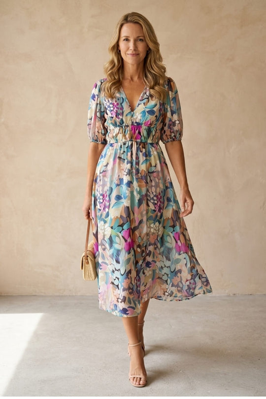 Puff Sleeve Abstract Print Smocked Summer Dress
