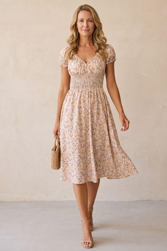 Puff Sleeve V-Neck Floral Midi Dress