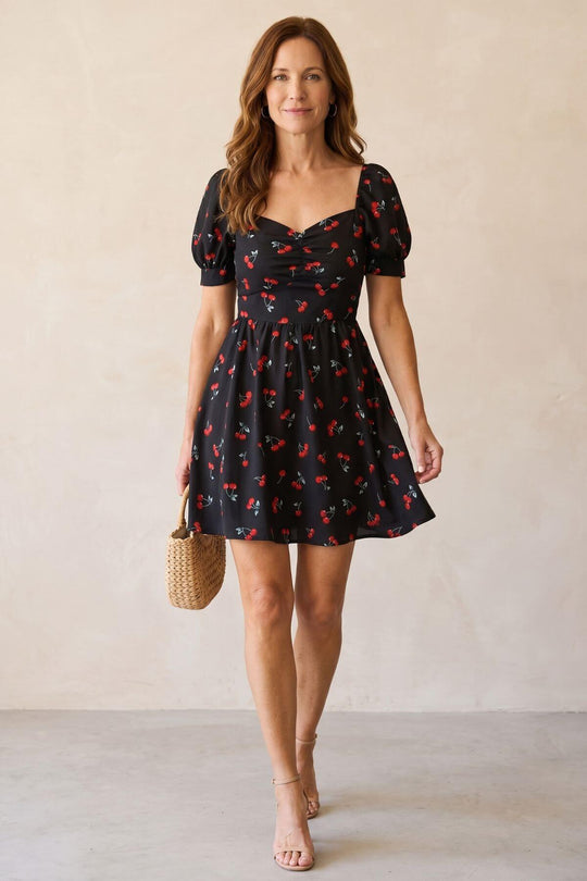 Retro Style Cherry Pattern Short Sleeve Mini Dress