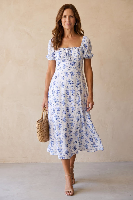 Romantic Floral Puff Sleeve Split Maxi Dress