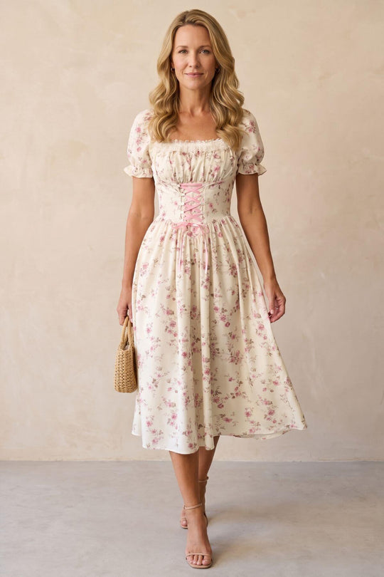 Romantic Floral Lace-Up Corset Midi Dress